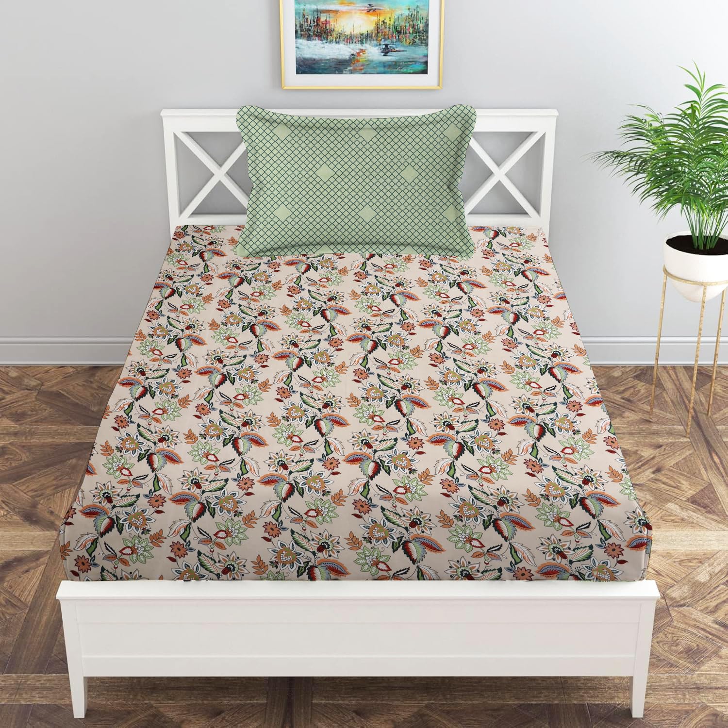 Print Cotton 1 Single Bedsheet With 1 Pillow Cover - 60 X 90 Inches, Cream & Green | Soft & Breathable Fabric, Skin-Friendly Bed Sheet For All Seasons