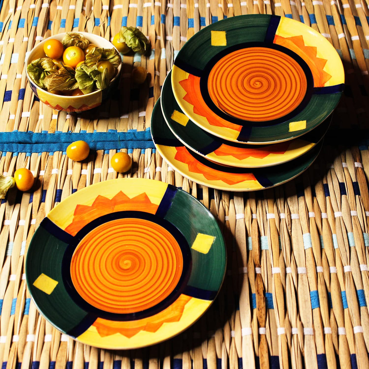 Hand Painted Boho Fiesta Ceramic Quarter Plates Set Of 4 | Small Side Plates For Dinner & Snacks - 7 Inch, 4 Pieces, Microwave Safe