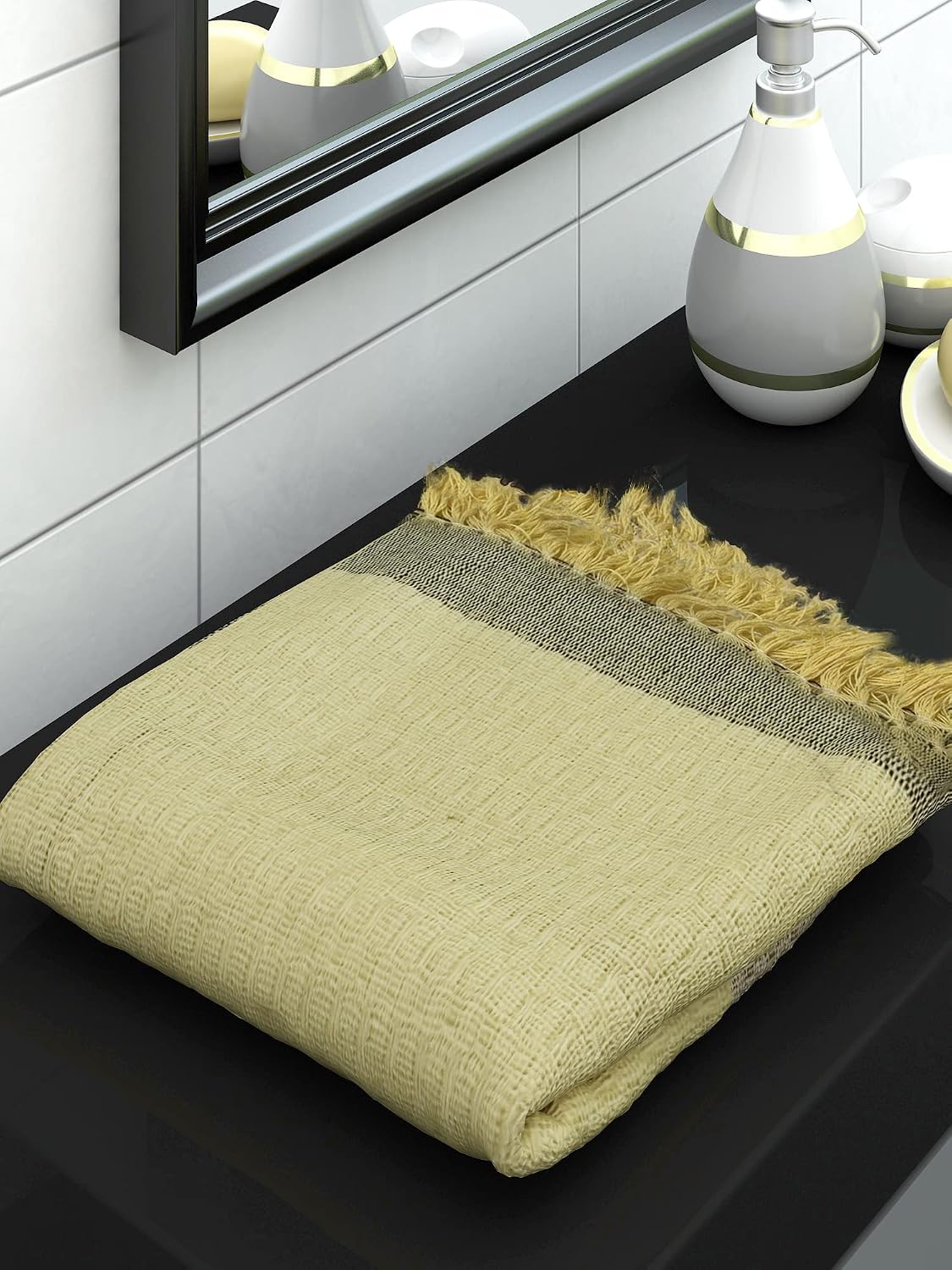 Athom Living Premium Cotton Light Weight Quick-Dry High Absorbent Cotton Bath Towel 250 Gsm, | Waffle Yellow (Pack Of 1)