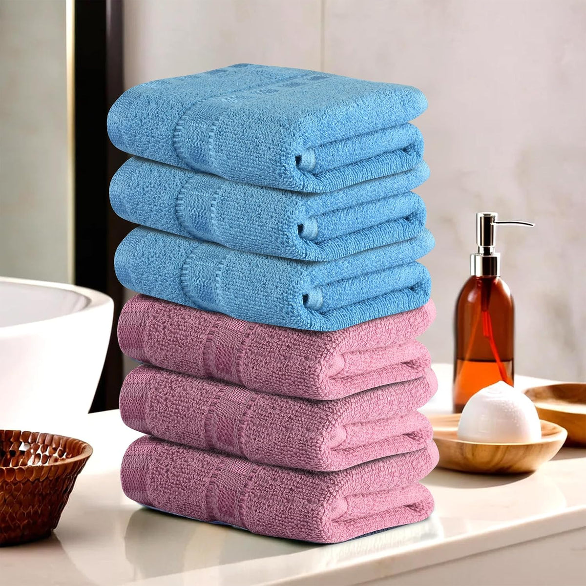 Kuber Industries Cotton Hand/Face Towels 1200 Gsm | Easily Washable Workout Gym Napkins For Men - Pink & Sky Blue (Pack Of 6)