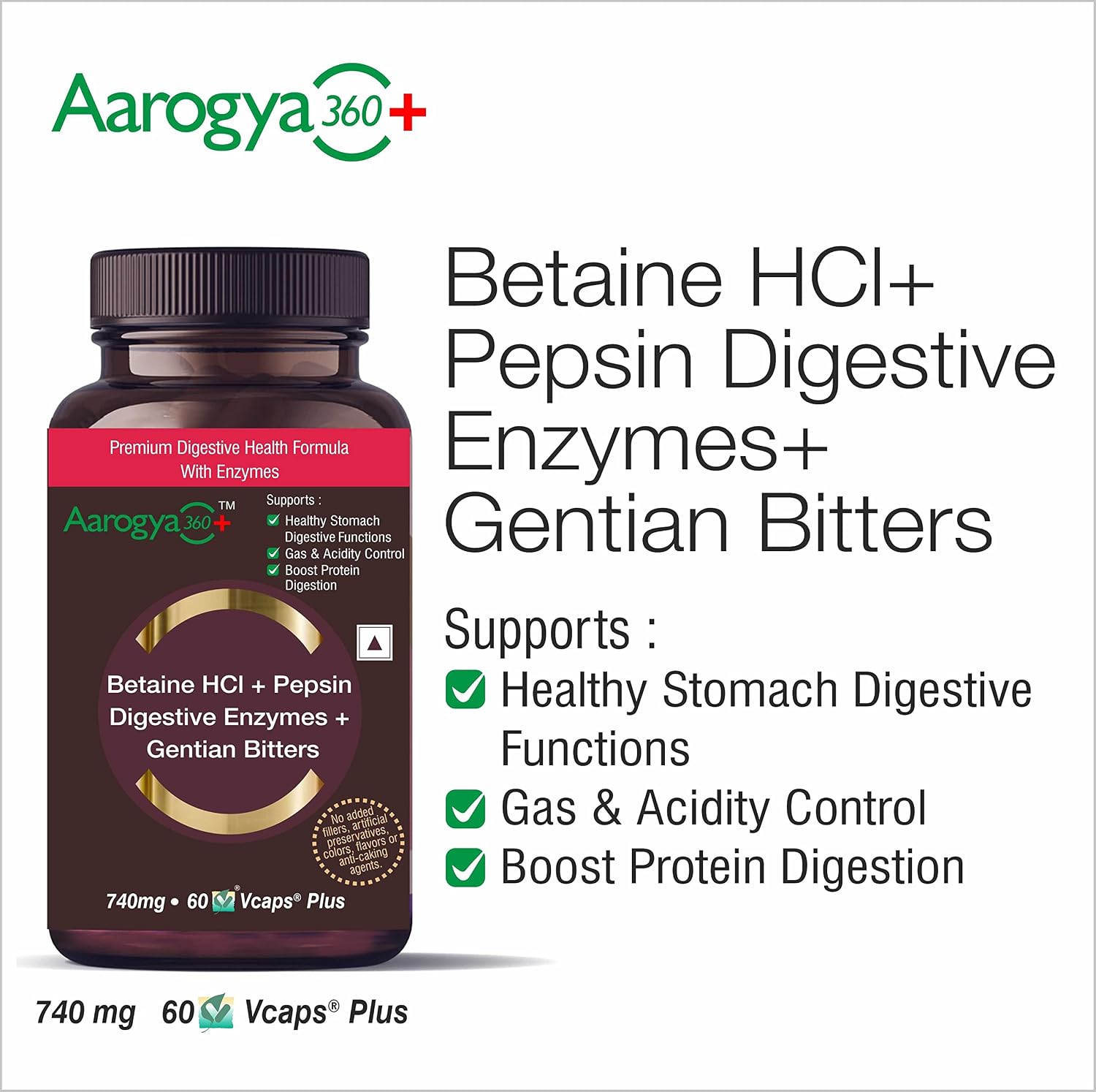 Aarogya360 Digestive Enzymes, Betaine Hcl, Pepsin, Gentian Bitters | 60 Capsules, 100gm 0.2lbs