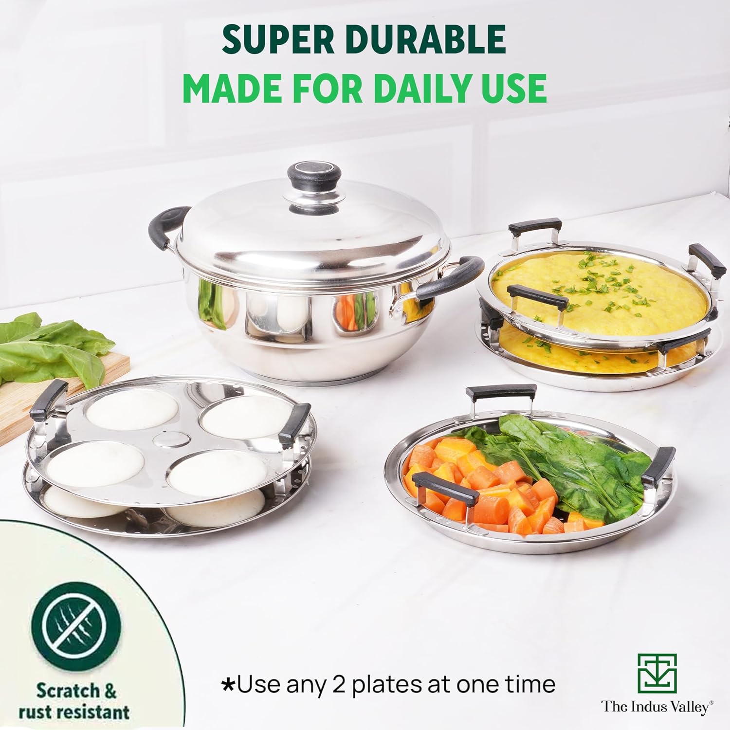 Stainless Steel Idli, Dhokla, Momo Maker - Multi Pot & Steaming Set | Small, 5 Plates, 23cm - 9 Inch, 3 Liters, 1.7 Kg - Nonstick 3-Layer Bottom | Induction Friendly - Tri-Ply Sandwich Bottom