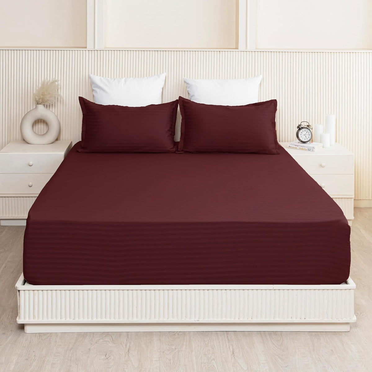 210 TC Cotton Double Bed Fitted Bedsheets With 2 Pillow Cases - 78 X 72 Inches, Maroon | Satin Stripes Wrinkle Free | Comfortable Fabric Bedsheet