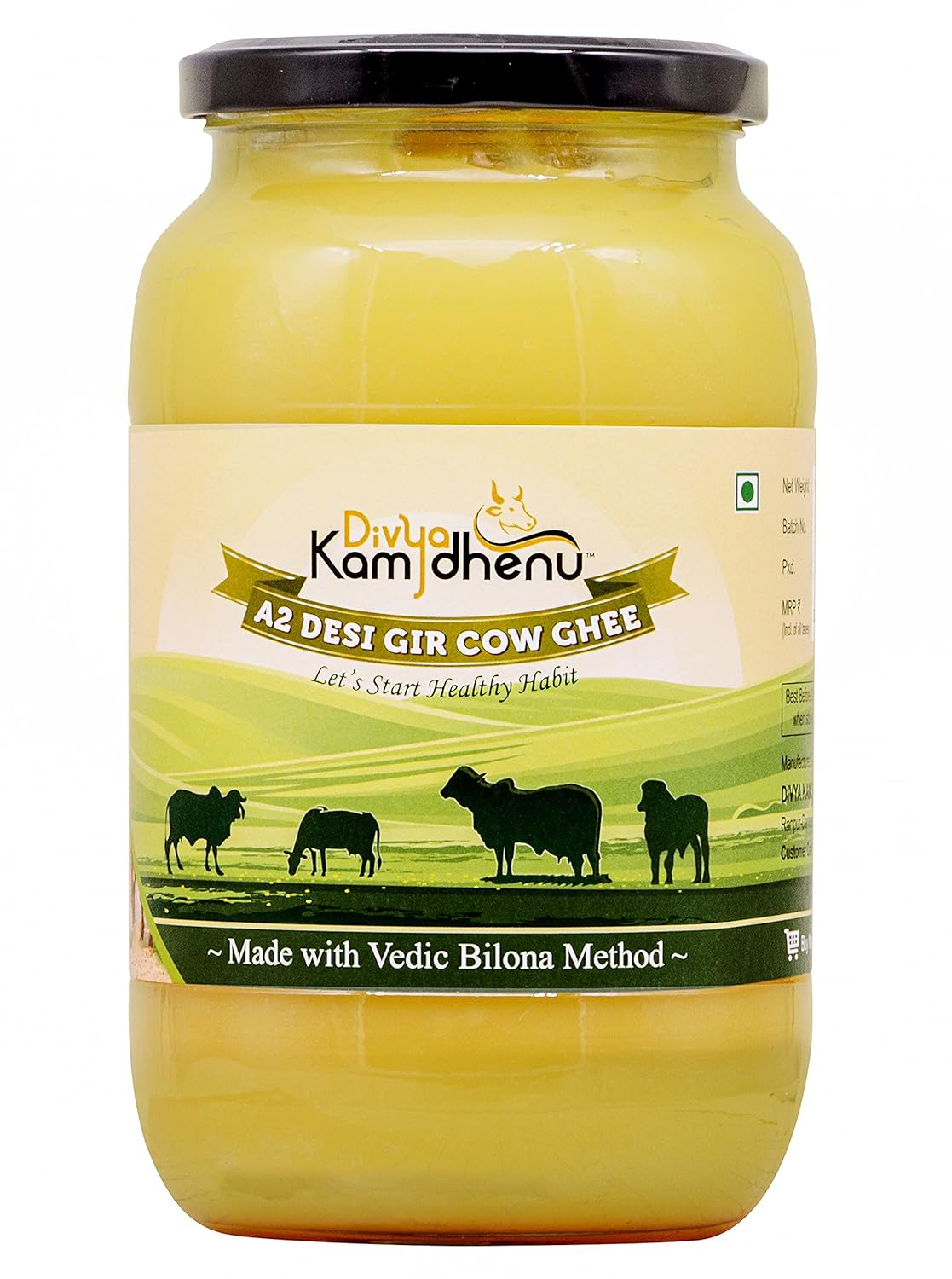 Natural A2 Desi Gir Cow Ghee By Divya Kamdhenu | Healthy & Delicious Nutrients Lab Certified Desi Ghee Good For Body Health | (1 Litr) 33.8 Ounce | Jar Pack
