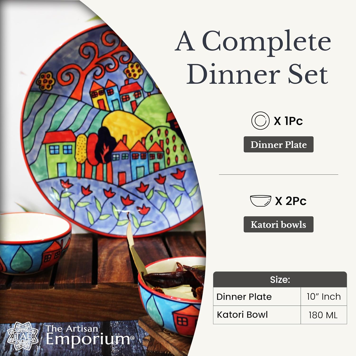 Exotic Panorama Hand Painted Ceramic Dinner Set - 3 Pieces, Multicolor | 1 Dinner Plate + 2 Katori Bowls, 180ml Each Dinnerware Set | Serving For 1, Microwave Safe & Dishwasher Safe