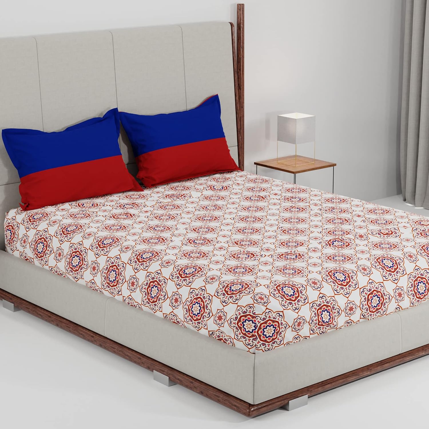 100% Cotton Bedsheet Double Bed For Queen Size With 2 Pillow Covers - 90 X 100 Inches, Red & Blue | Ideal For Daily Use - Perfect For Queen Bed Durable & Wrinkle Free