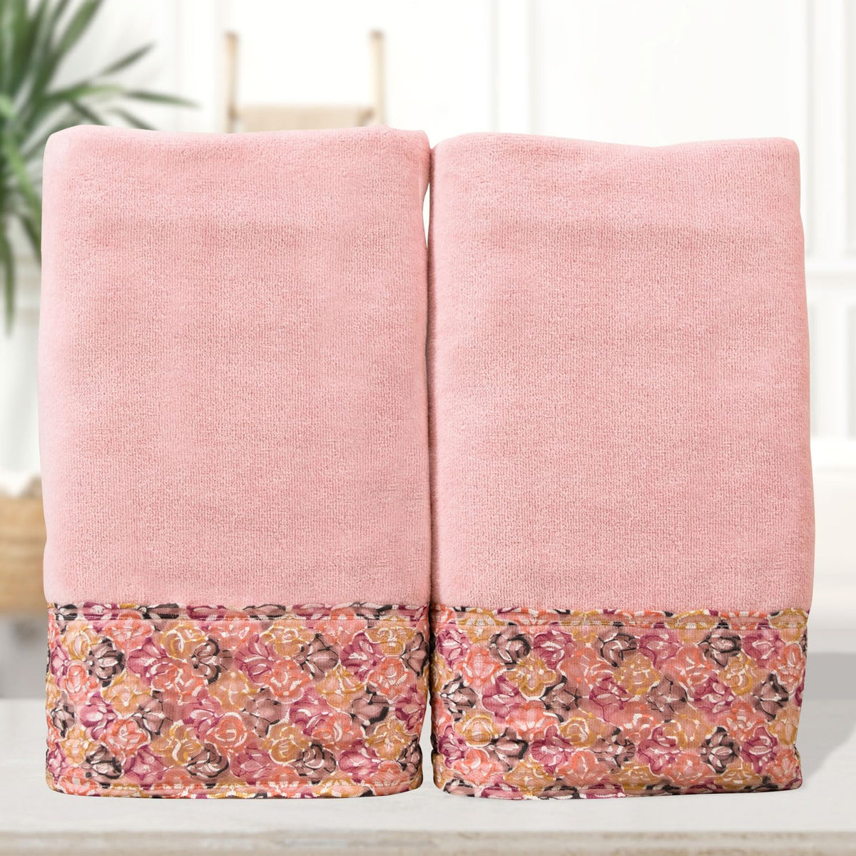 Rangoli Prima Dream 100% Cotton Lace Bath Towel 900 Gsm | Ultra Soft, Super Absorbent & Eco-Friendly Hanging Bath Towel (Light Pink) - Pack Of 2