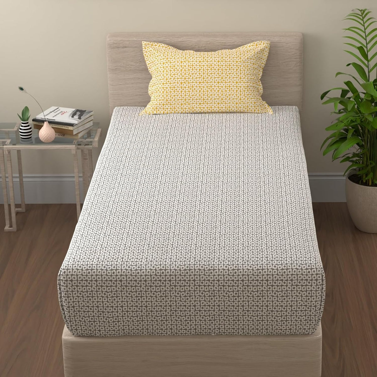 Cotton Bedsheet Single Bed With 1 Pillow Cover - 55 X 88 Inches, Grey & Yellow | Breathable & Wrinkle Free-Super Soft Premium Brushed Glace Cotton Bedsheet