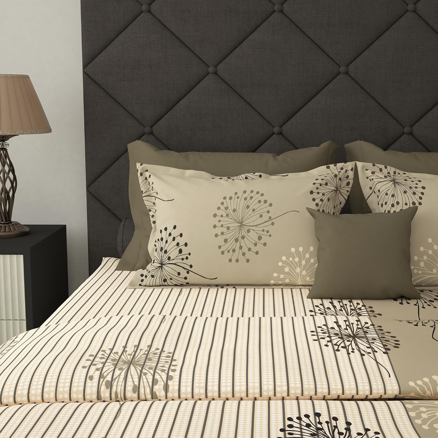 100% Cotton Elastic Fitted Double Bedsheet For Queen Size 2 Pillow Cover - 88 X 100 Inches, Beige | Perfect For Festive Gifting | Durability & Long-Lasting Use