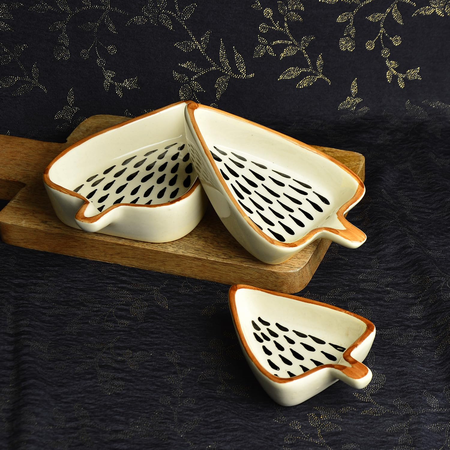 Leaf Shaped Hand Painted Ceramic Glossy Tray Set Of 3 - White, Black Rain Drops | For Serving Cookies, Dry Fruits, Sweets & Snacks, Length – 16 Cm, 15 Cm & 12 Cm | Small Platter Set