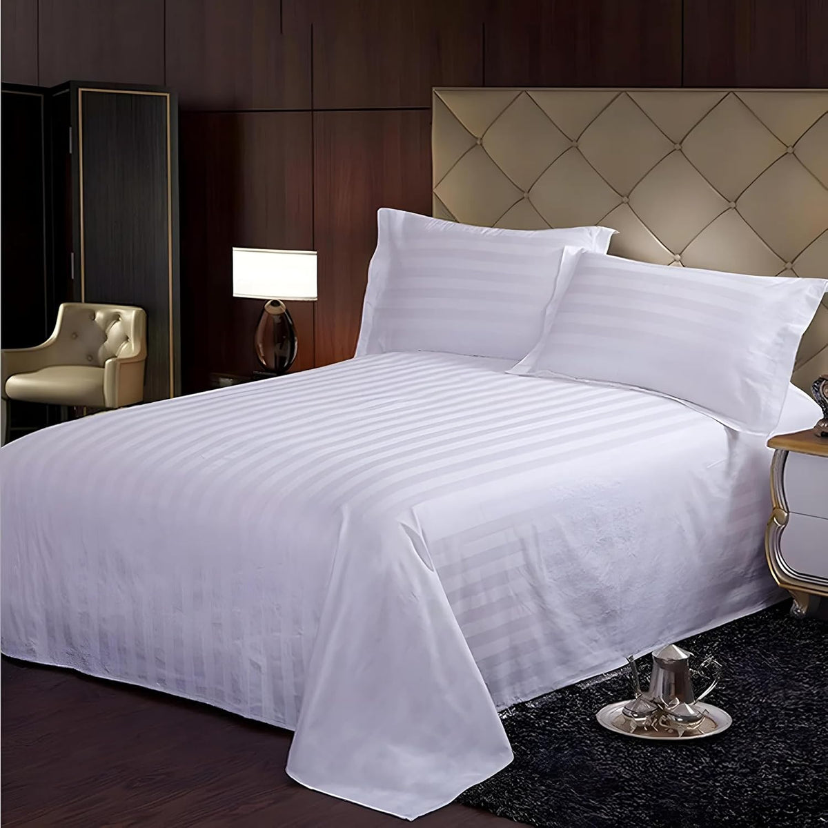 Double Bedsheet With 2 Pillow Covers - 90 X 100 Inches, White | Cotton Material & Satin Stripes | Long Lasting & Wrinkle Free | Soft & Luxury Bedsheet