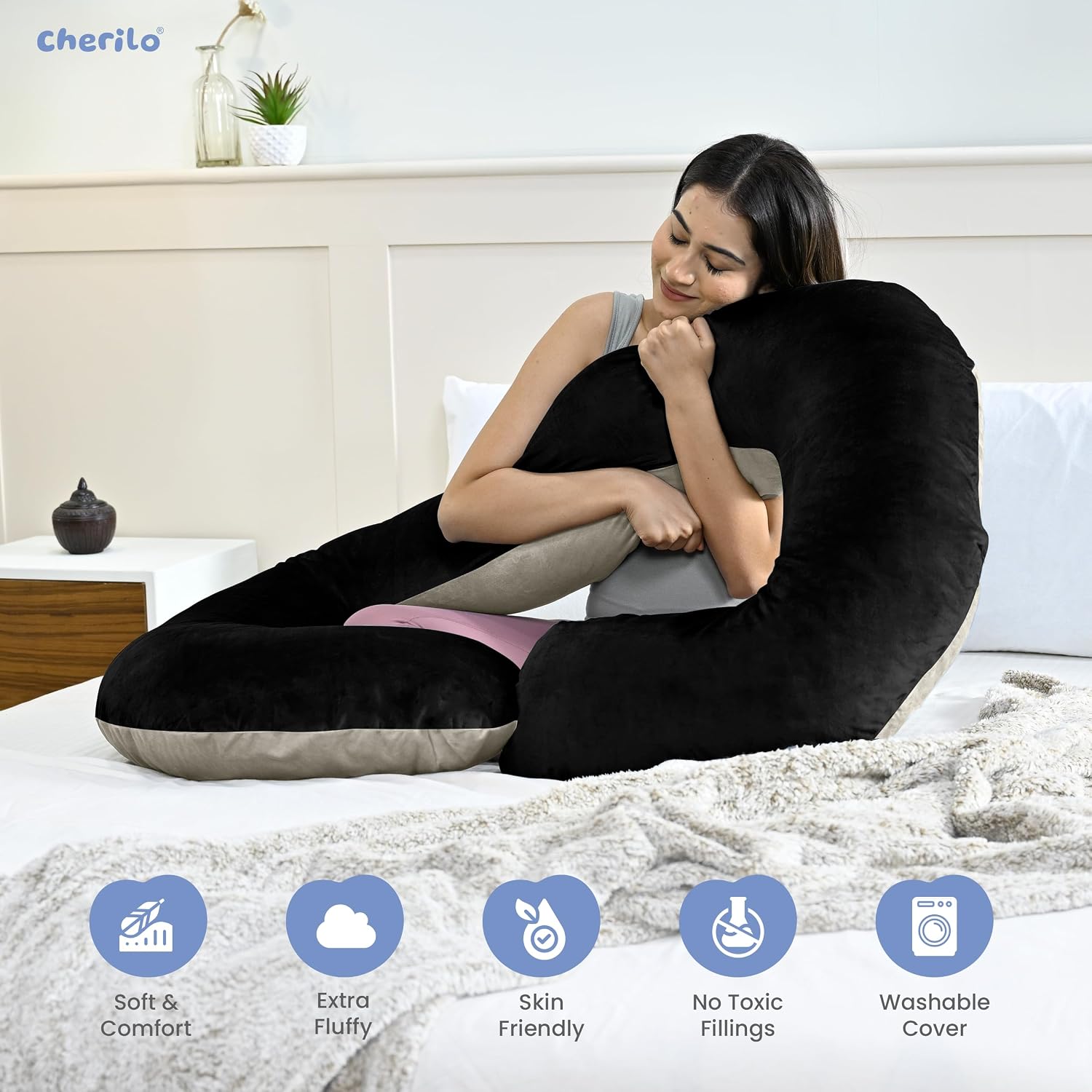 C Shaped Pregnancy Pillow For Pregnant Women & Nursing Mom, Black & Cream | Full Body Support, Single Pillow For Multipurpose Use During Maternity, Comfy | Premium Velvet Outer Cover With Zip