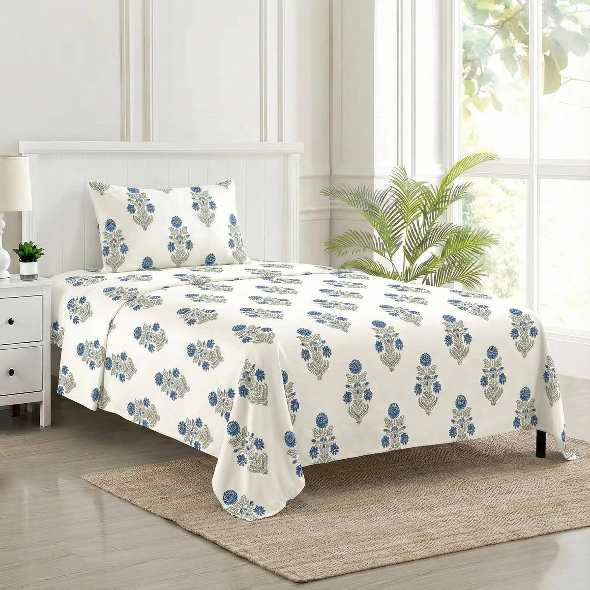 Cotton Printed Single Flat Bedsheet With 1 Pillow Cover - 60 X 100 Inches, White & Blue | Breathable & Skin Friendly Bedsheet | Ideal For Year Round Use
