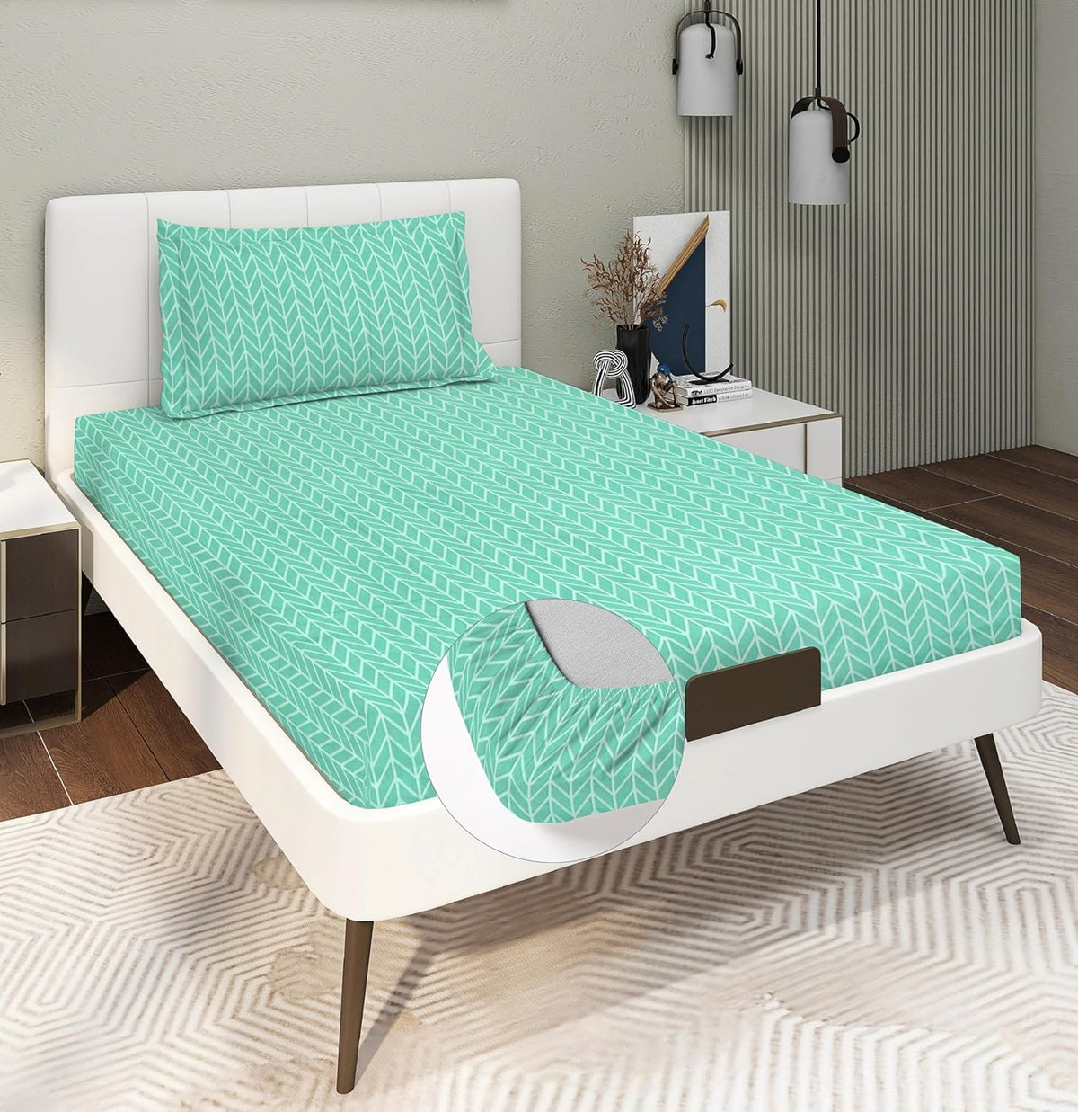 1 Single Bedsheet With 1 Pillow Cover - 48 X 72 X 8 Inches, Green & White | All Around Elastic Fitted Bedsheets | Hand Wash Or Machine Wash Warm