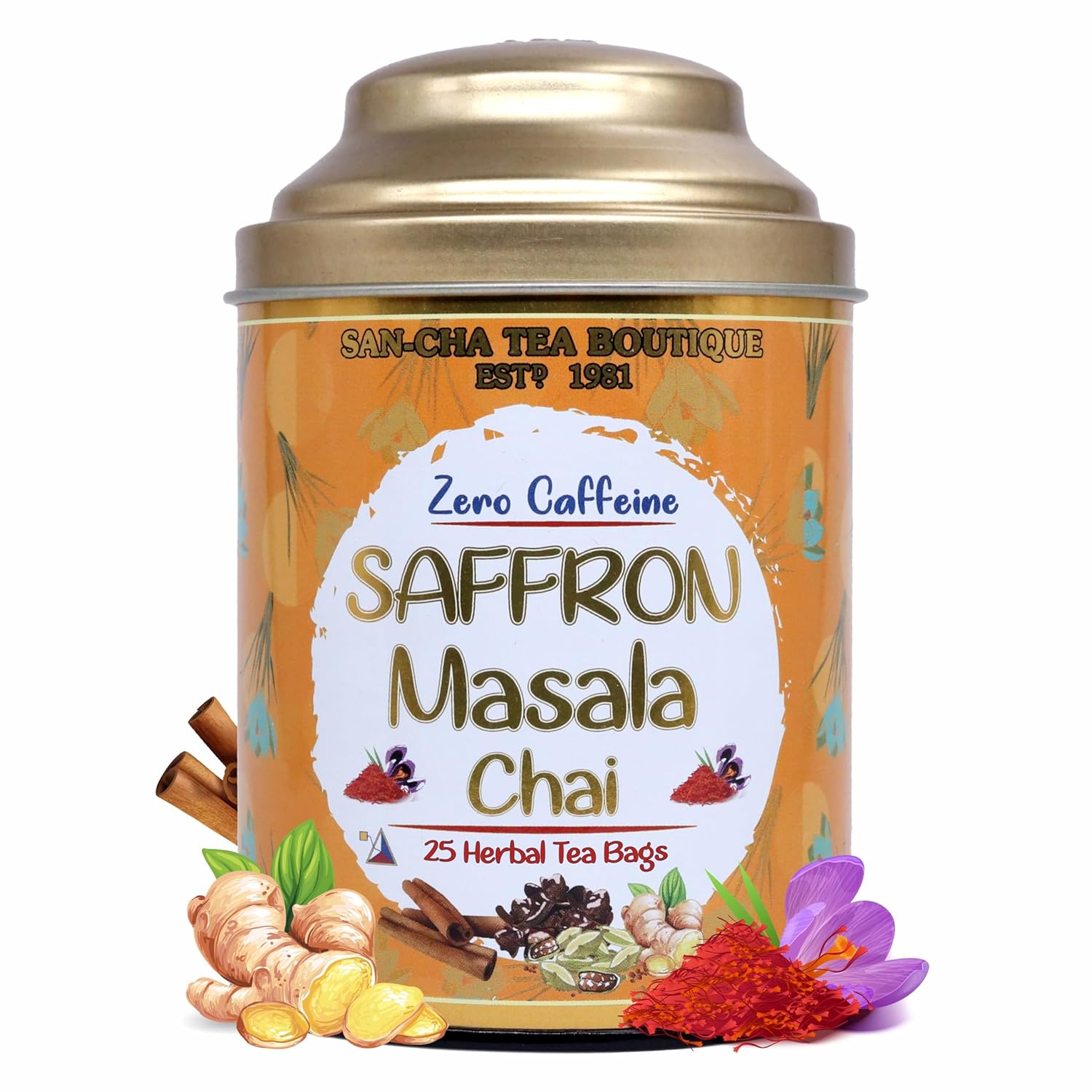 San-Cha Saffron Masala Chai - 25 Biodegradable Herbal Tea Bags | Kesar Chai Without Caffeine - Real Kashmir Saffron Blend | Promotes Better Digestion & Supports Immunity
