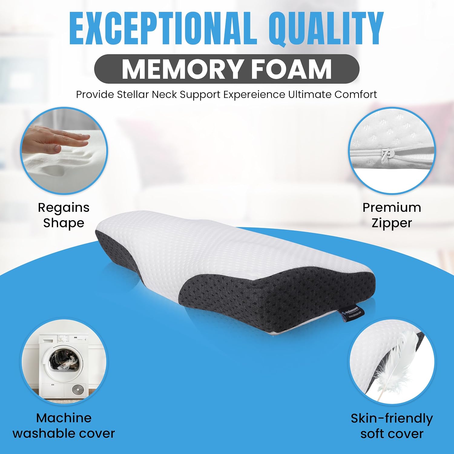 Cervical Memory Foam Pillow, Orthopedic Pillow For Neck & Shoulder Pain Relief, White & Grey - 12 X 20 Inch | Cervical Pillow For Neck Pain & Spinal Alignment, Washable Cover - 1 Piece