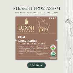Luxmi Estates Chai Adda Barie Black Tea - 250gm, 8.8 Ounce | USDA Certified Organic Masala Black Tea Blend - Indian Spice Chai Enriched With Cinnamon & Cardamom
