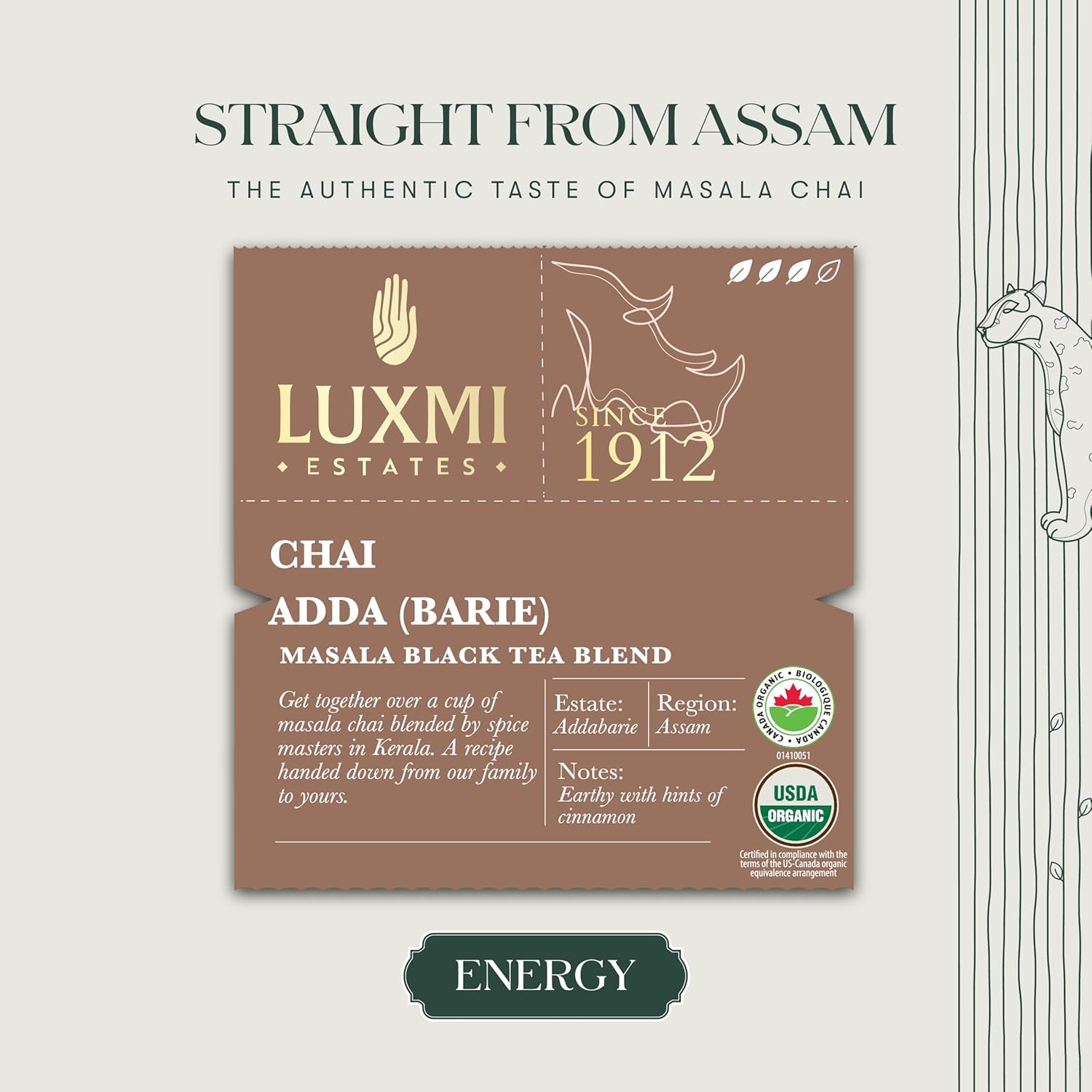 Luxmi Estates Chai Adda Barie Black Tea - 100gm, 3.5 Ounce | USDA Certified Organic Masala Black Tea Blend - Indian Spice Chai Enriched With Cinnamon & Cardamom