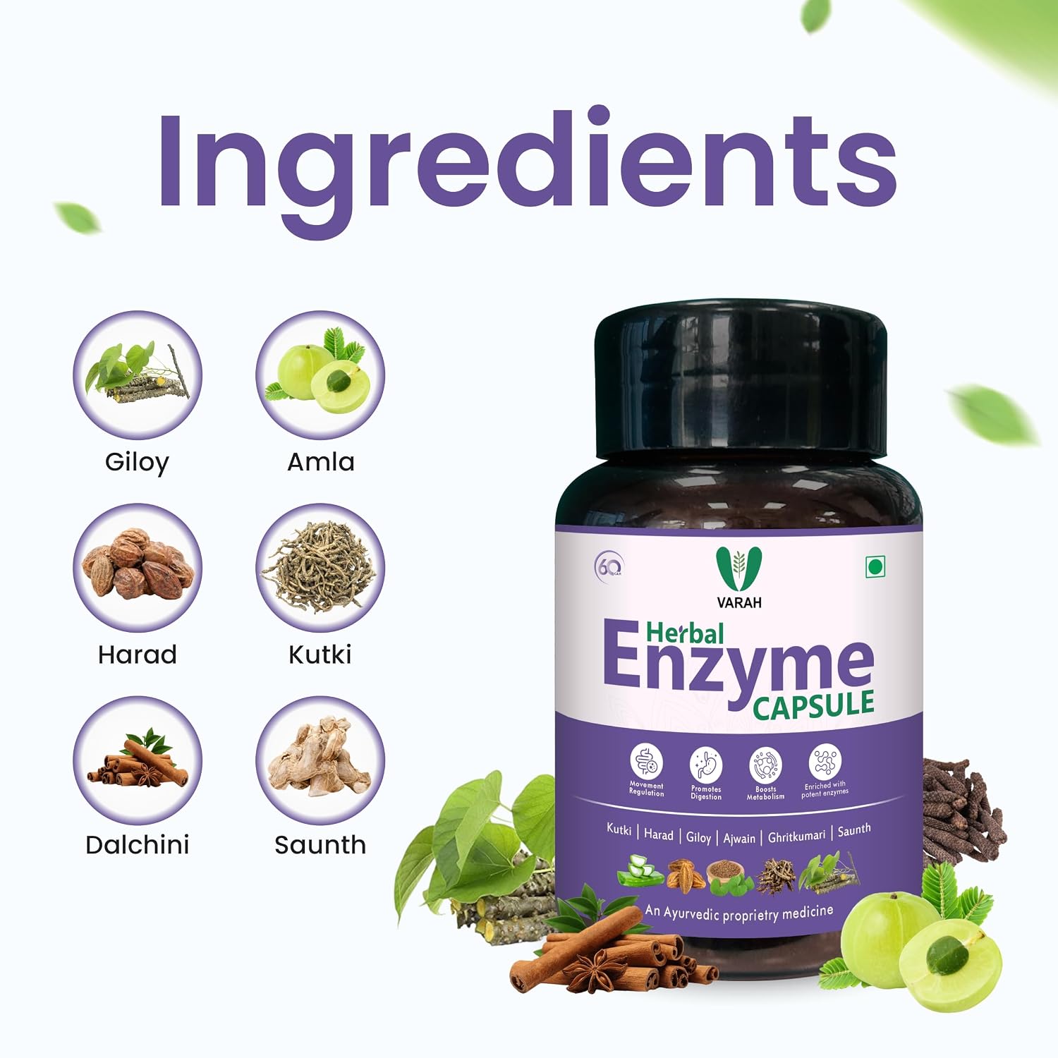 Varah Healthcare Digestive Enzymes Supplement, Digestive Support, Contains Chitrakmool, Ajwain, Amla, Harad & Other Herbs, Gut Cleanser | 60 Capsules, 100gm 0.2lbs