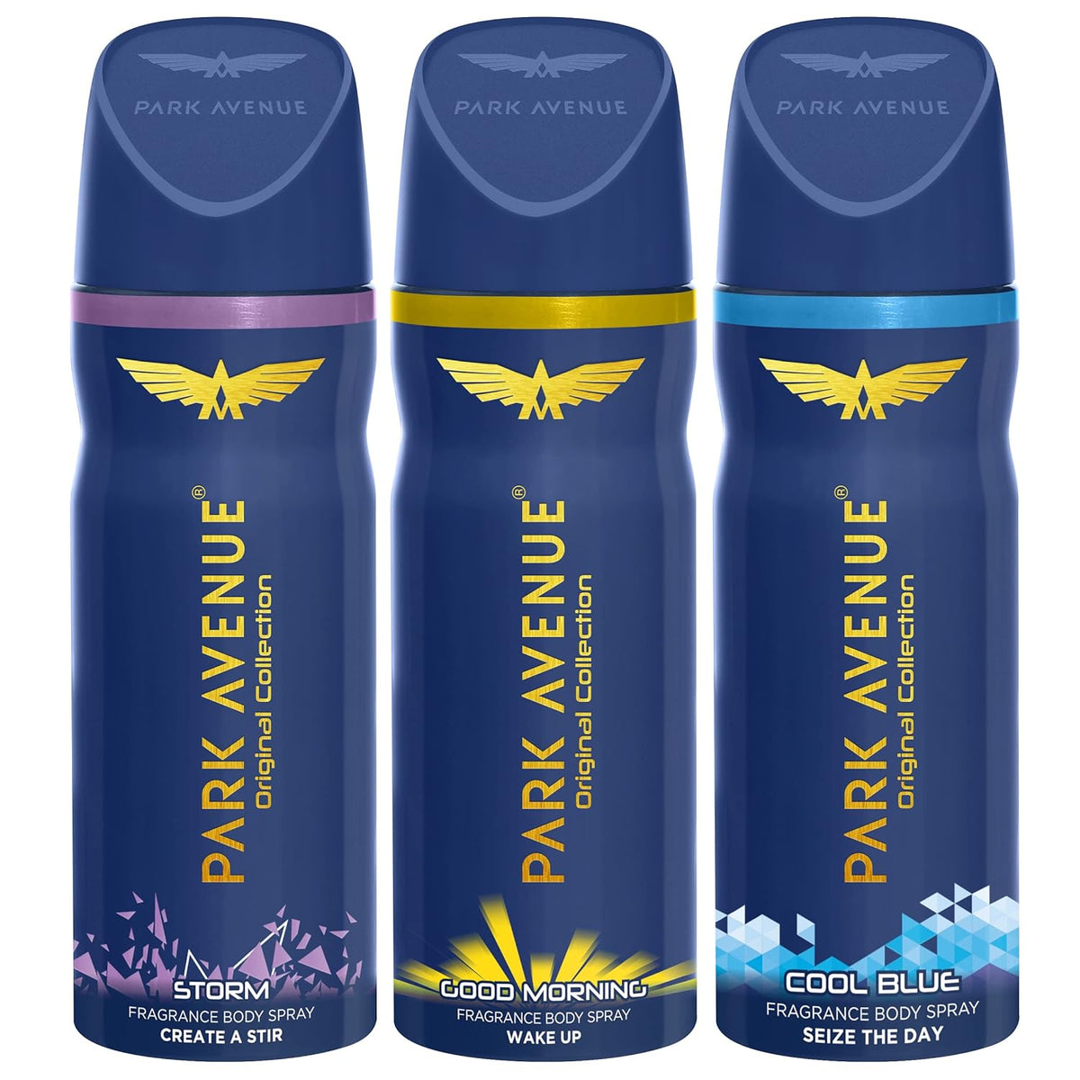 PARK AVENUE STORM + GOOD MORNING + COOL BLUE DEODORANT BODY SPRAY FOR MEN 150ML 5.0 FL.OZ. EACH PACK OF 3