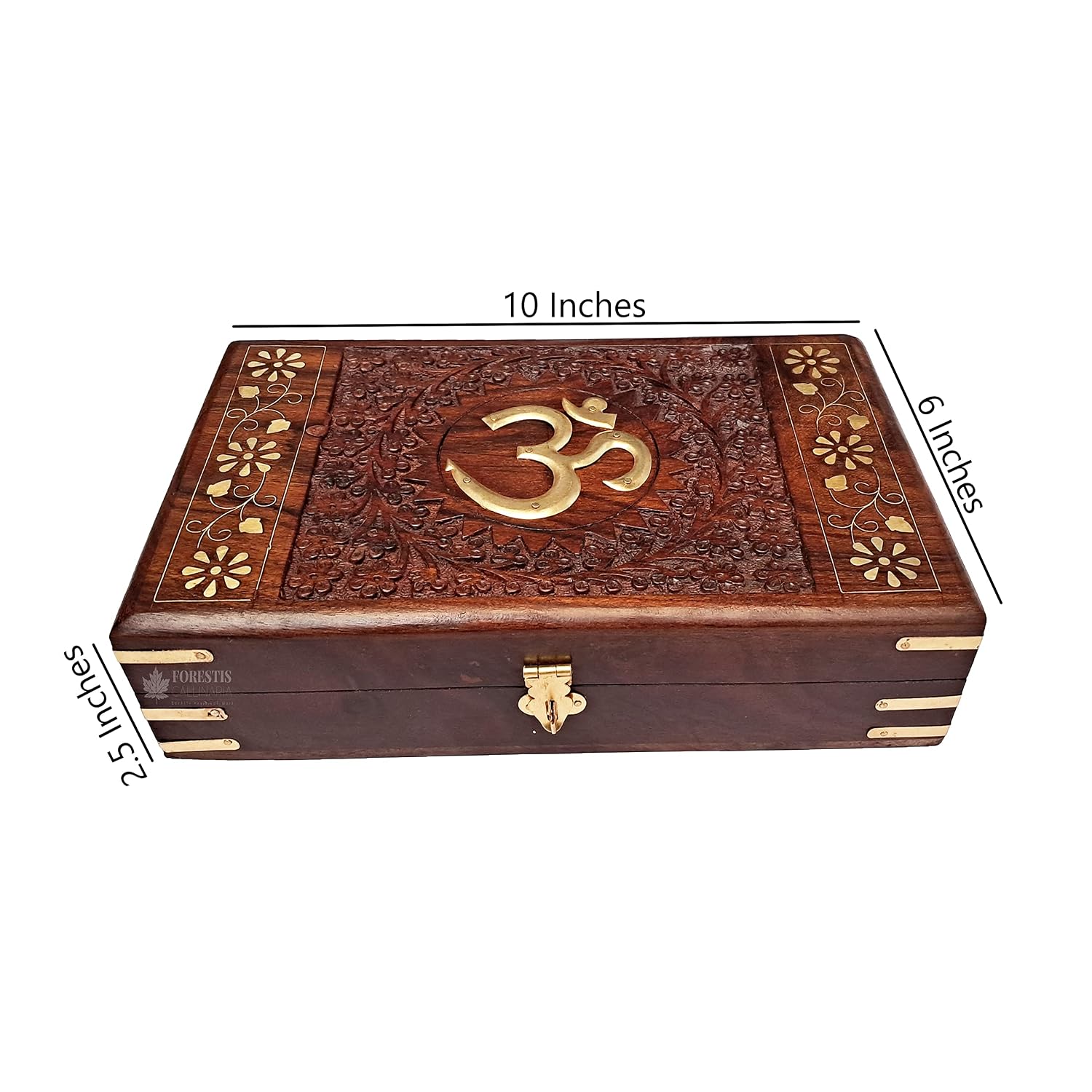 Exquisitely Hand Brass - Filled Wooden Om Box For Good Luck | Jewellery Box, Handmade Decorative Case, Kit 10 X 6 Inches, Om, Colour - Brown