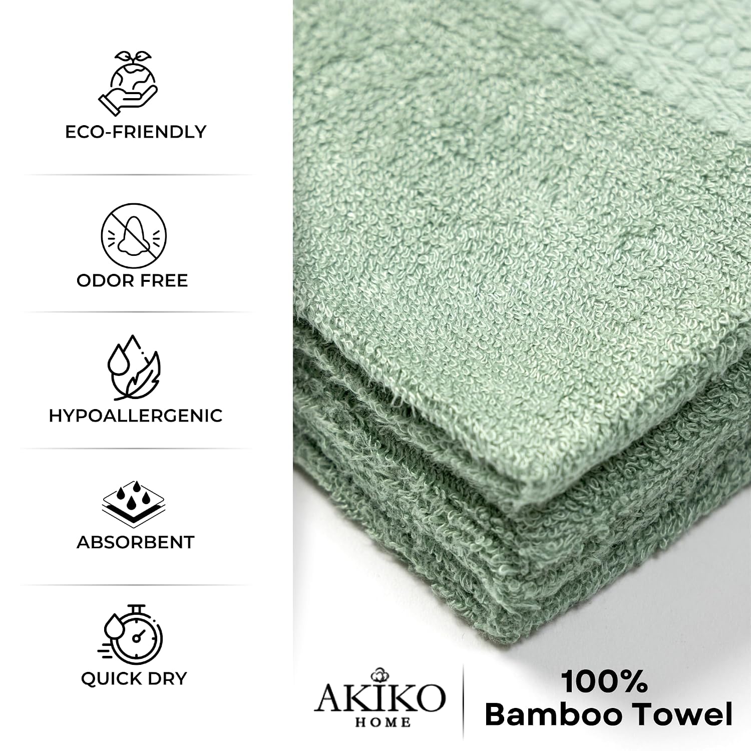 Akiko Home 100% Bamboo Face Towel 500 Gsm | Quick Dry, Super Soft, Anti Bacteria, Fast Absorbent, Eco Friendly, Hypoallergenic, Odor Resistant Face Towel | Pack Of 4 (Green)