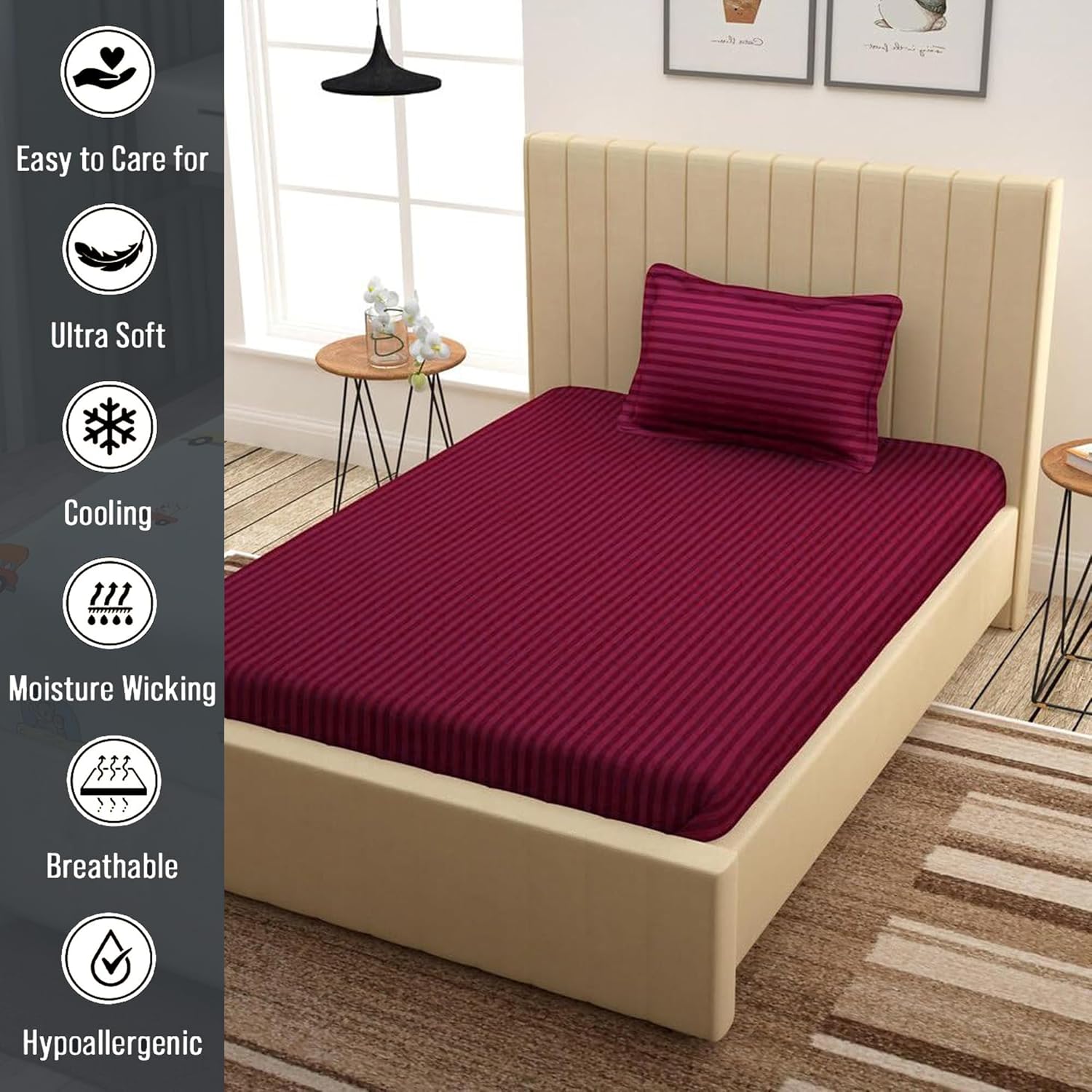 Striped Single Bedsheet With 1 Pillow Cover 60 X 90 Inches, Wine | Comfortable & Durable | Elegant Printed Bedding Set For Daily Use