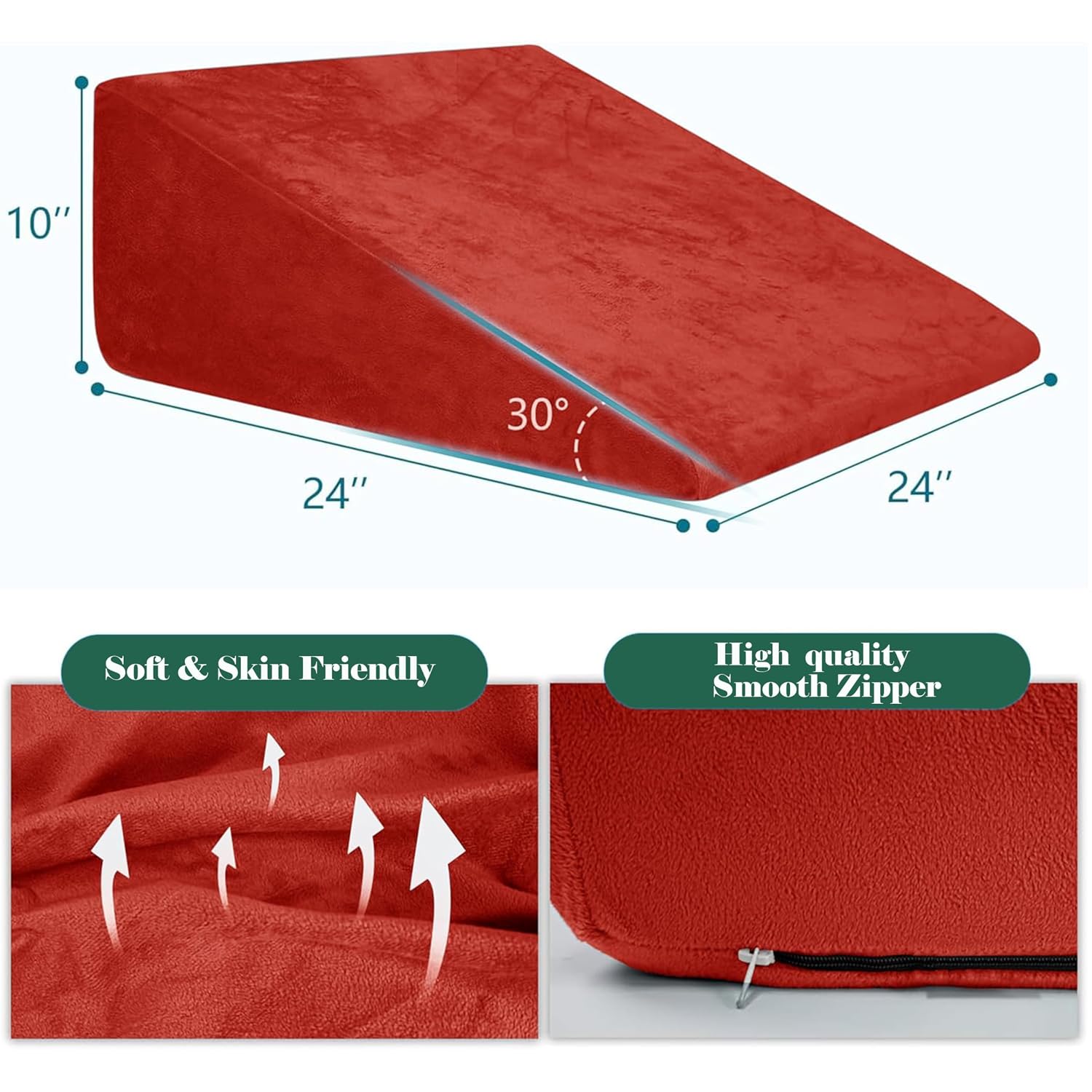 Wedge Pillow, Back Support Pillow For Neck Pain, Medium Firm, Red Color | Pillow For Headaches, Reflux, Shoulders, Back Pain & High Resilience, Velvet Fabric, Adjustable Pillow - Pack Of 1
