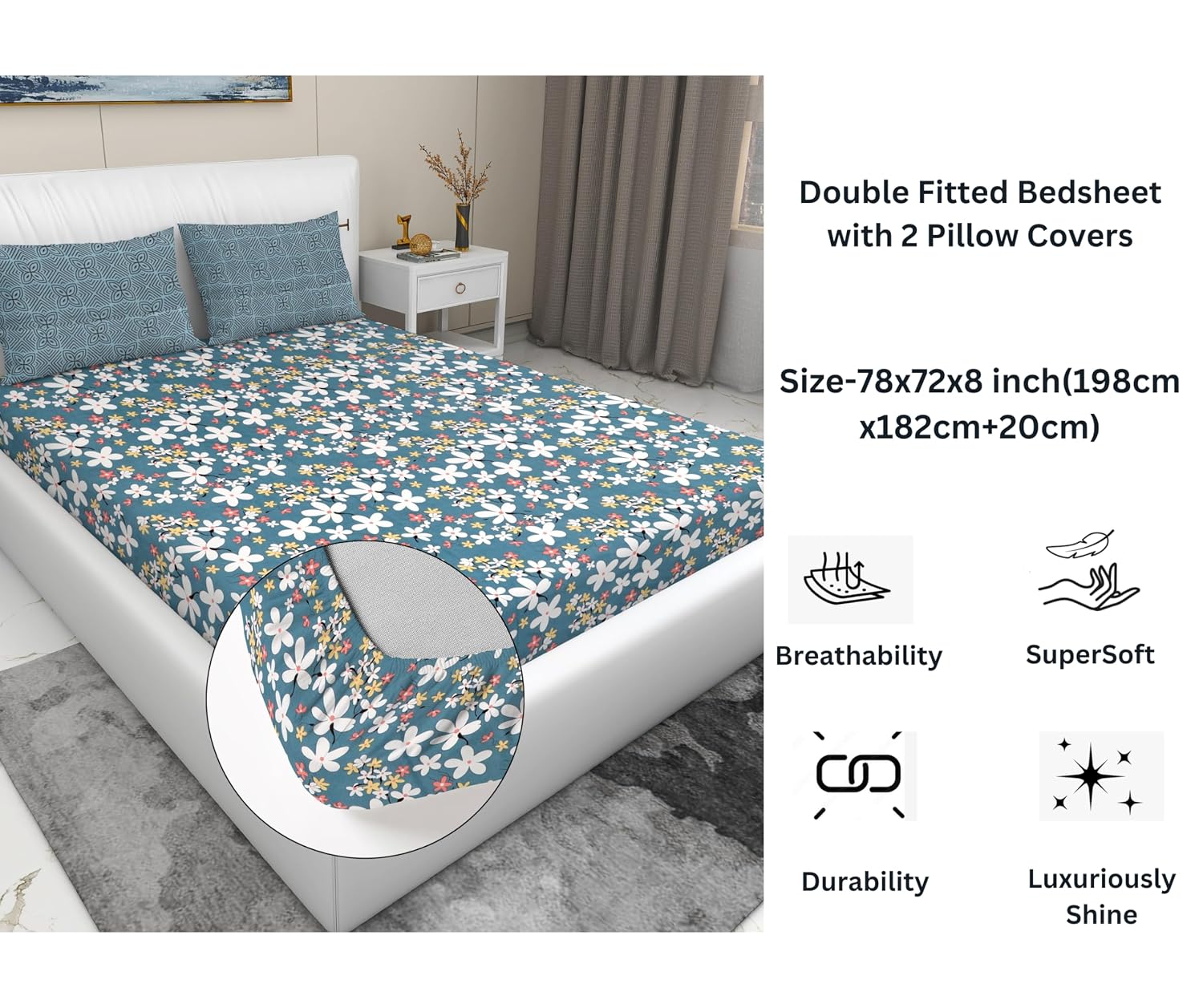 Elastic Fitted Bedsheets For King Size Bed With 2 Pillow Covers - 72 X 78 X 8 Inches, Grey | Ideal For Hotel, House, Guest House