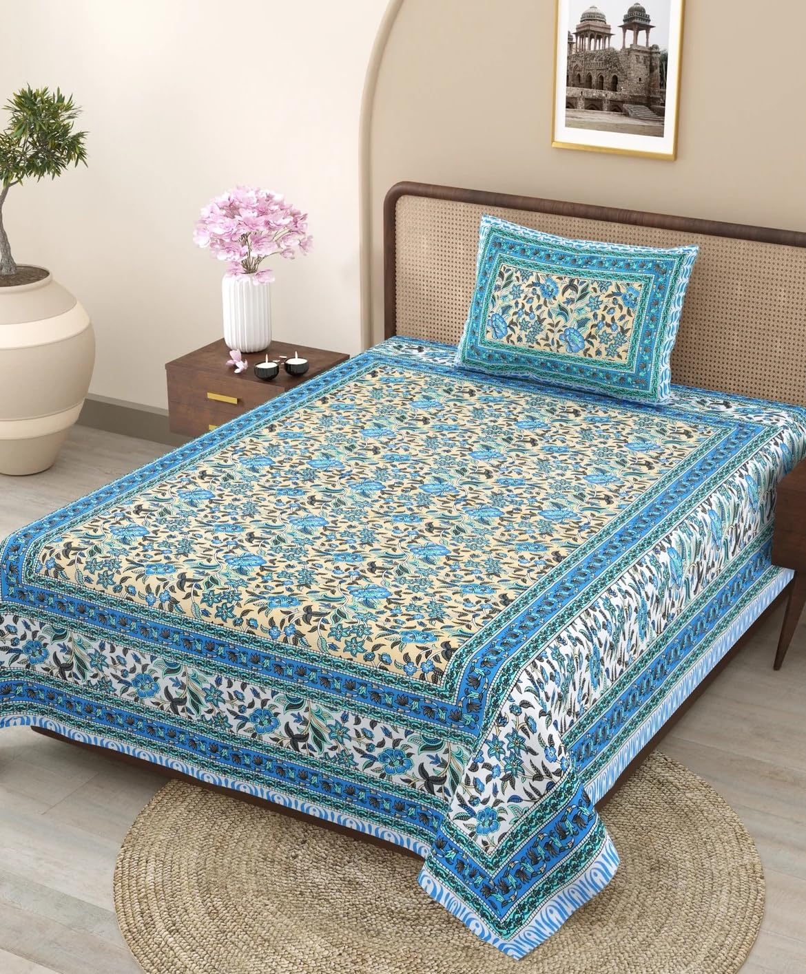 Soft Cotton Single Size Bedsheet With 1 Pillow Cover - 60 X 90 Inches, Cream & Blue | Durable For Everyday Use - All Season Comfort