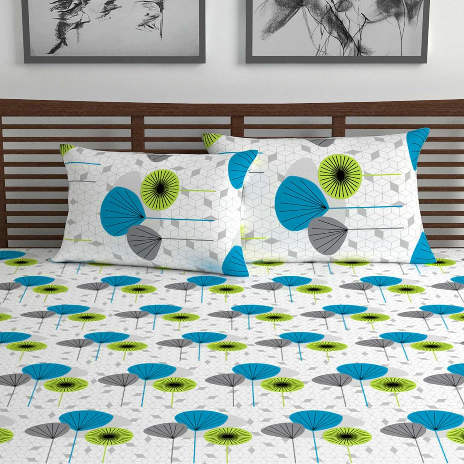 100% Pure Cotton Double Bedsheet For Queen With 2 Pillow Covers - 87 X 100 Inches, Blue & White | Soft & Durable For Everyday Use & Bedroom - All Season Comfort