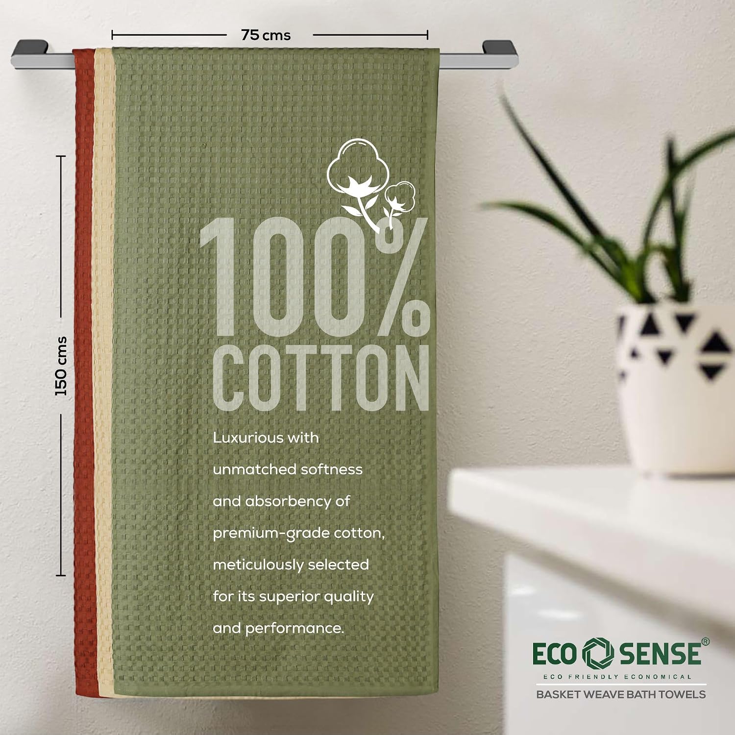 Eco Sense Basket Weave 100% Cotton Luxuriosly Bath Towels 1050 Gsm | Soft, Super Absorbent, Large Size Quick Dry Bath Towel - Sandal, Cinnamon, Leafy (Pack Of 3)
