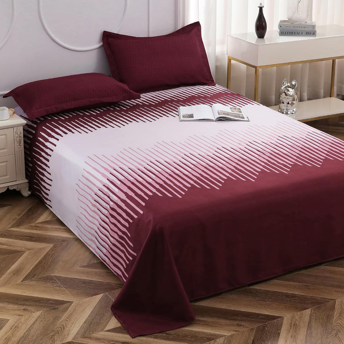 Bedsheets For Double Bed With 2 Pillow Cover - 92 X 98 Inches, Maroon & White | Satin Finish Microfiber Queen Size Bedsheet | Skin Friendly & Breathable Fabric