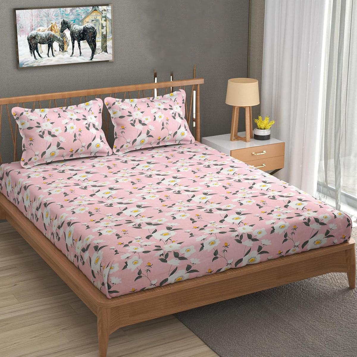 Glace Cotton Elastic Fitted Bedsheet For Queen Size With 2 Pillow Covers | 78 X 60 Inches, Grey & Pink Floral Design | Soft Cotton Feel, Wrinkle-Free, Breathable