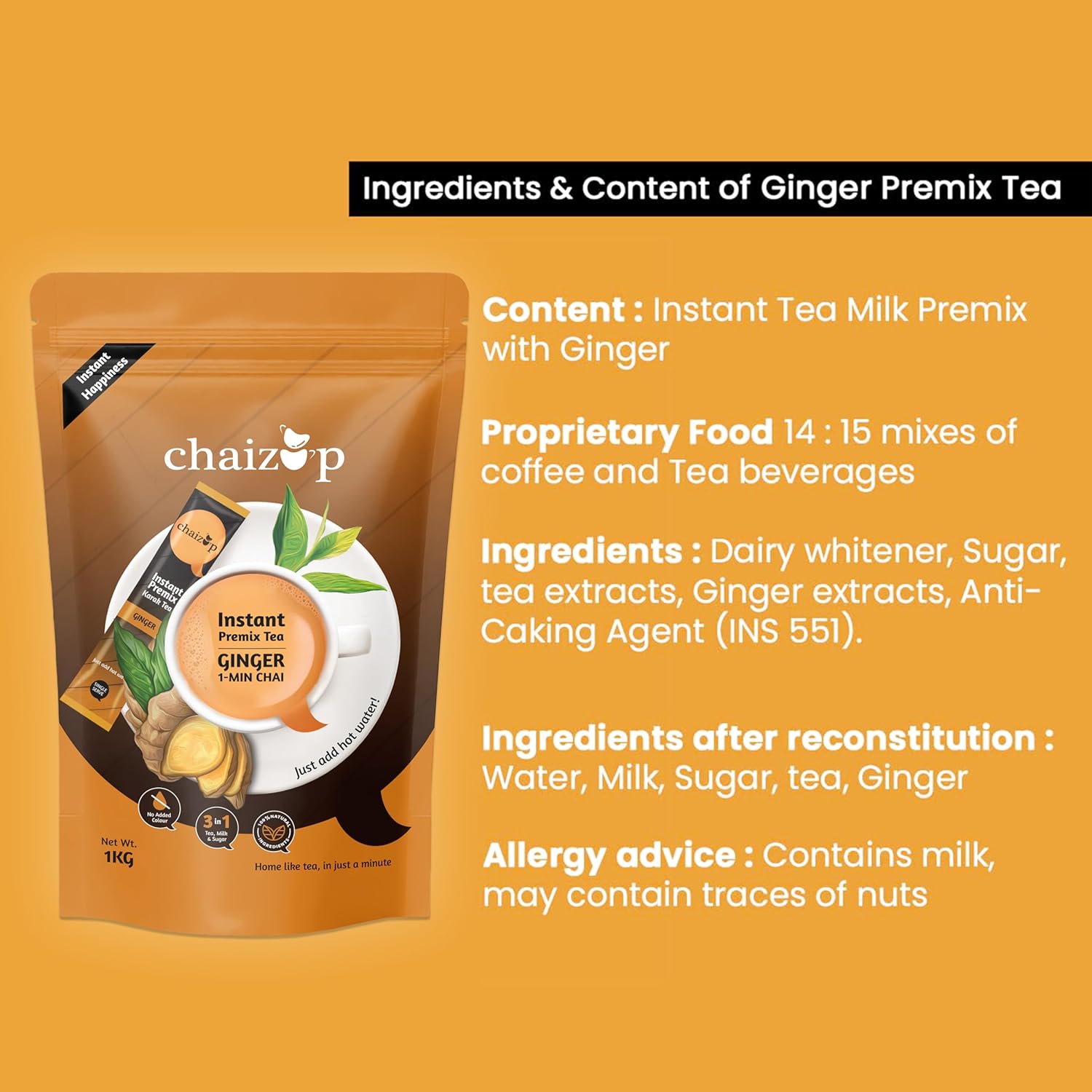 Chaizup Premium 1 Min Instant Ginger Tea Premix - 1 Kg Poly, 35.2 Ounce | Just Add Hot Water - Assam Adrak Chai Powder | Low Caffeine, No Added Color - Home Like Tea