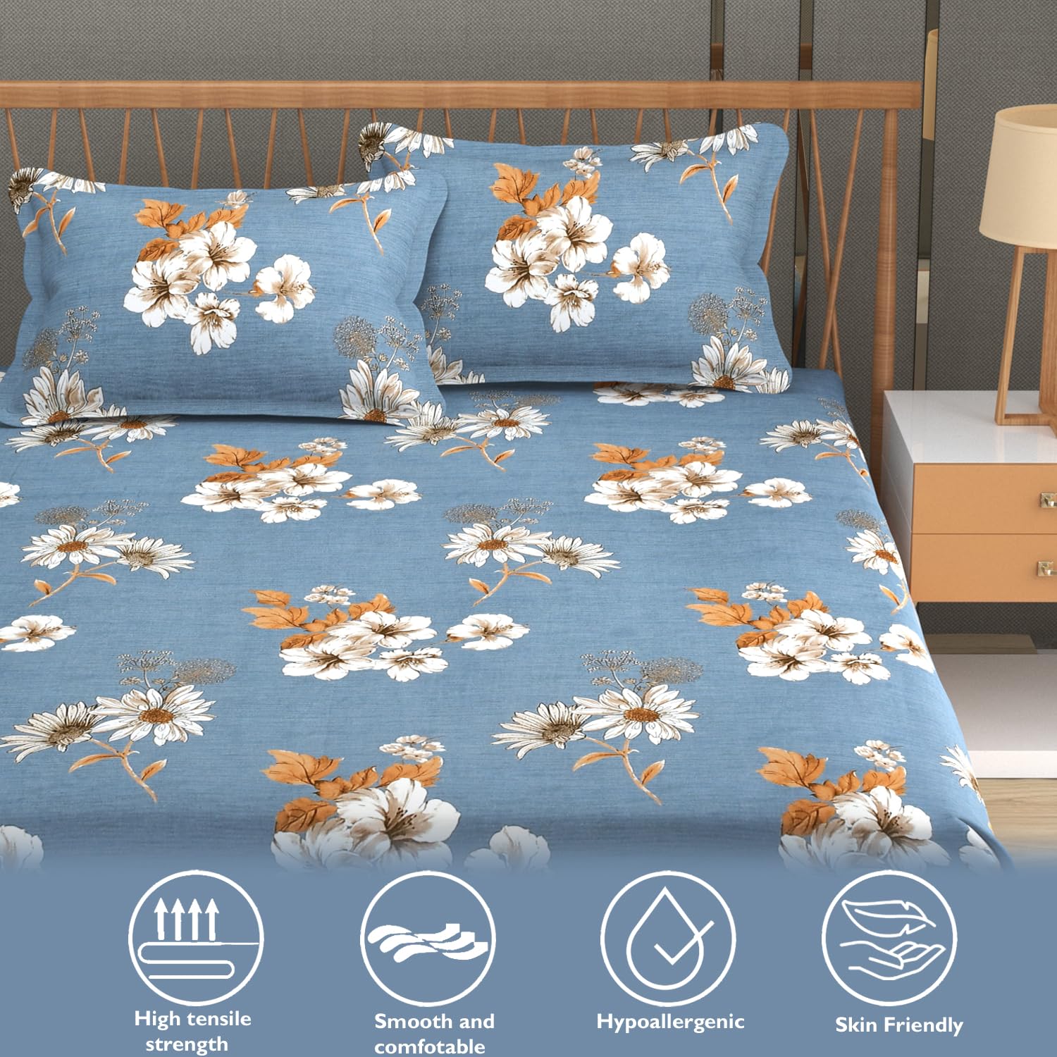 1 Elastic Fitted Bedsheet For King Size & 2 Pillow Covers - 78 X 72 Inches, Grey & Mustard | Elegant Floral Print Design & Skin-Friendly