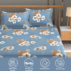 1 Elastic Fitted Bedsheet For King Size & 2 Pillow Covers - 78 X 72 Inches, Grey & Mustard | Elegant Floral Print Design & Skin-Friendly