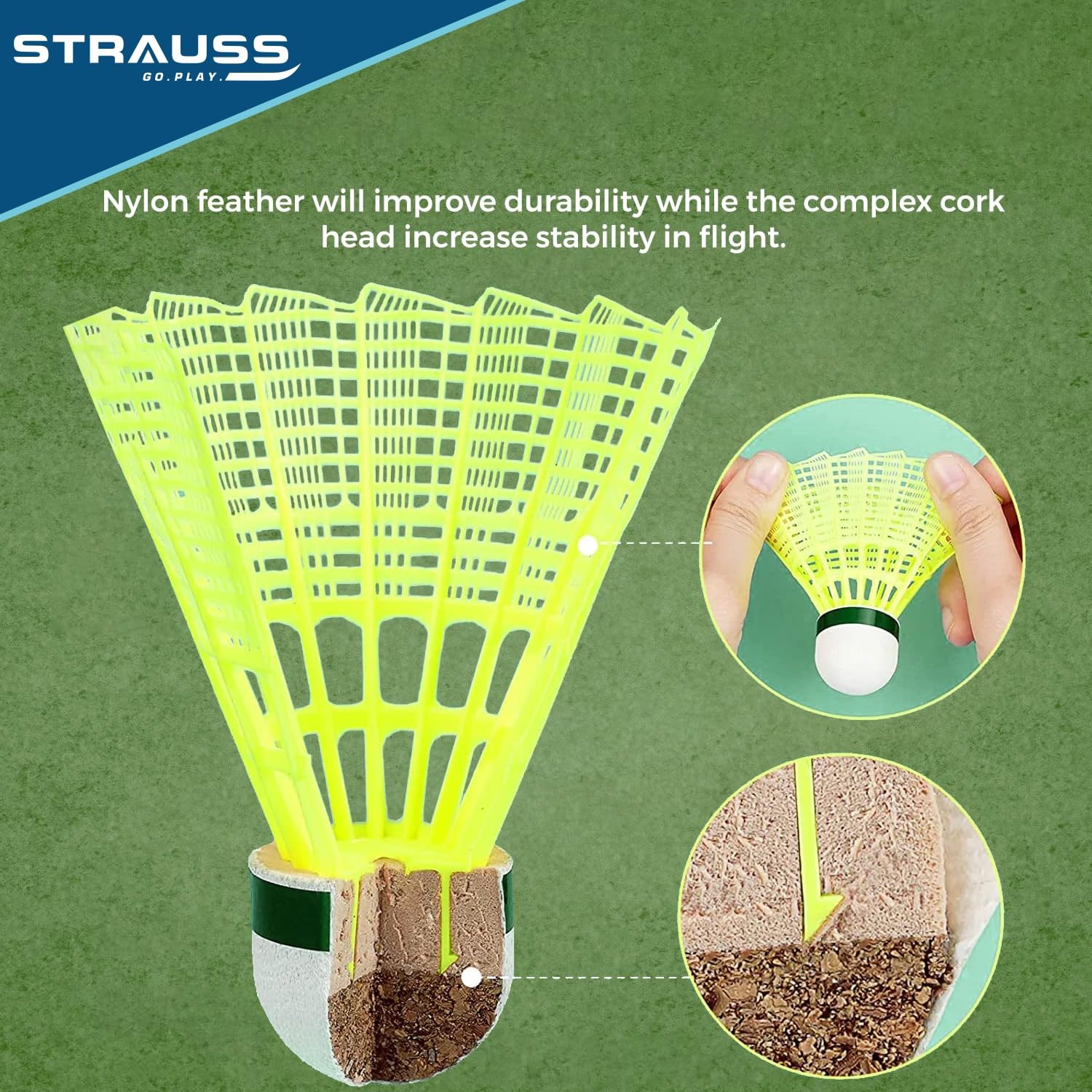 Strauss Smash Hit-22 Nylon Shuttlecock Stable Flight , Fast Recovery , Medium Speed | Yellow , Pack Of 6