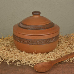 Handcrafted Ornately Designed Earthenware Bowl With Lid - Brown, 1.8 Liters | Clay Casserole With Lid - Cooking & Serving Pot