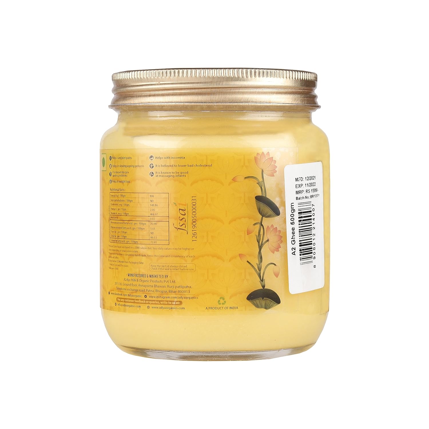 Premium A2 Gir Cow Ghee By Adya Organics | Good Source Of Healthy Desi Cow Ghee Perfect For Glowing Skin | (500ml) 16.9 Ounce | Jar Pack