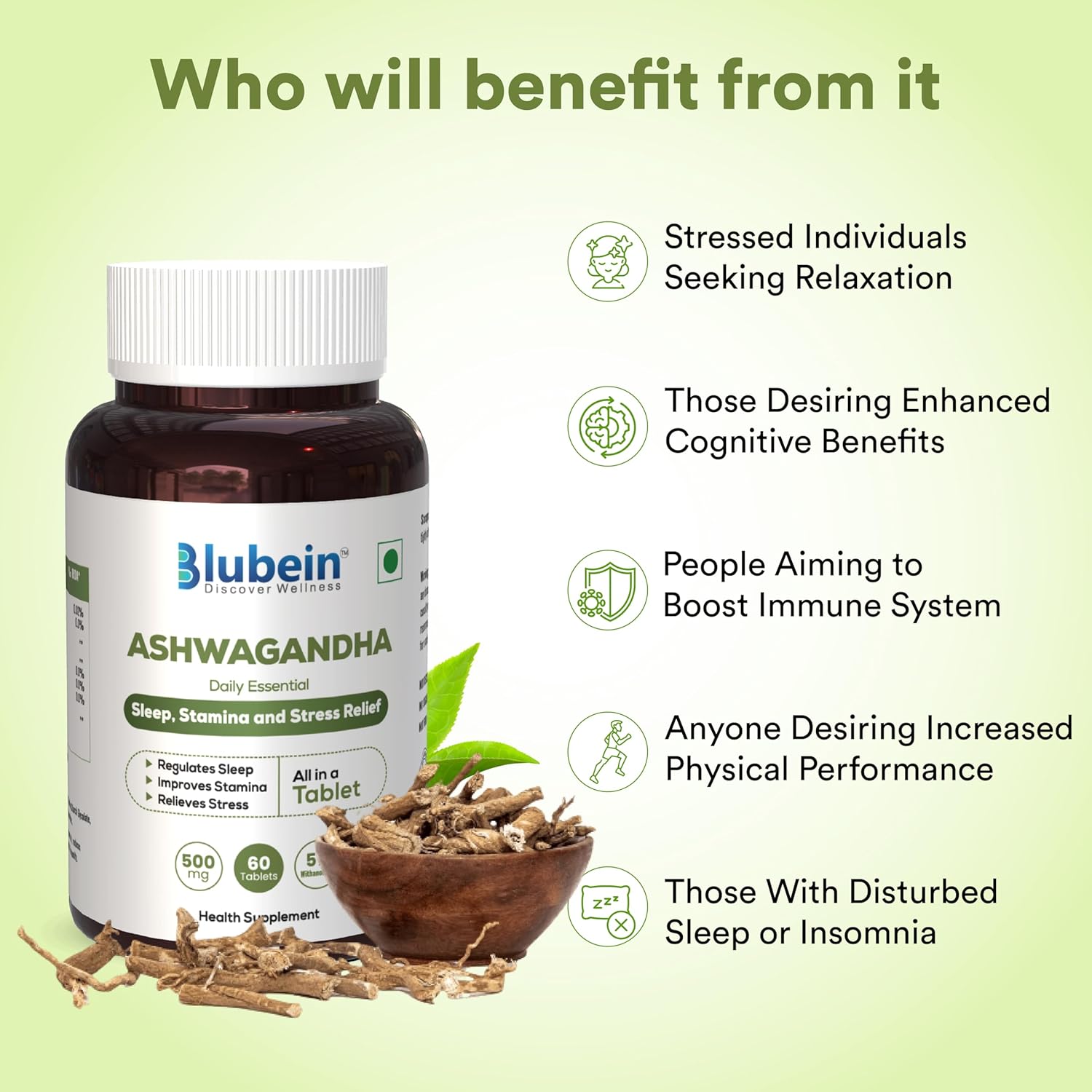 Blubein Ashwagandha Natural Stress Reliever, Enhances Physical Performance 500mg With 5% Withanolides, For Stress Relief & Anxiety Reduction | 60 Tablets 100gm 0.2lbs Each Pack Of 2