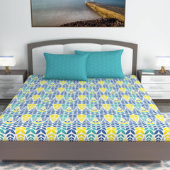 Cotton Extra Double Bedsheet For King Size With 2 Pillow Covers | 87 X 106 Inches, Blue & Yellow - Ideal For Home, Guest House, Hotel | Soft & Breathable Fabric