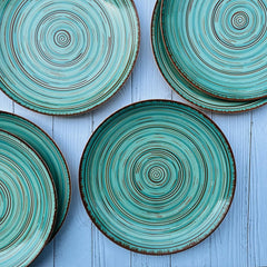 Iris Turquoise Handcrafted Ceramic Dinner Set - 18 Pieces | 6 Dinner Plates + 6 Katori Bowls, 180ml Each+ 6 Quarter Plates Dinnerware Set | Serving For 6, Microwave Safe & Dishwasher Safe