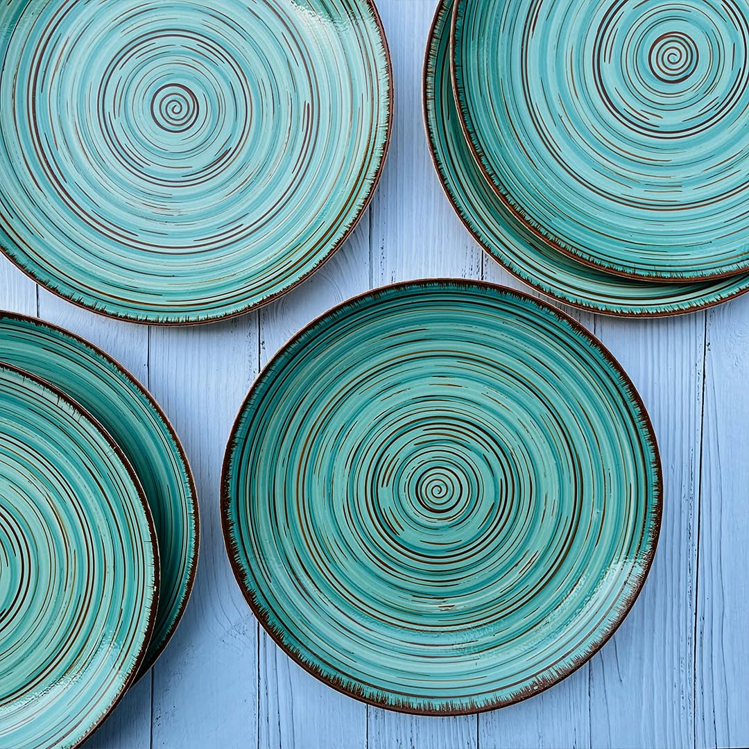 Iris Turquoise Handcrafted Ceramic Dinner Set - 12 Pieces | 6 Dinner Plates + 6 Katori Bowls, 180ml Each Dinnerware Set | Serving For 6, Microwave Safe & Dishwasher Safe
