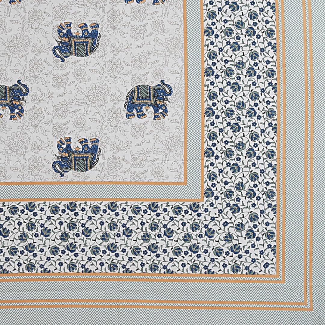 Jaipuri Cotton King Size Bedsheet With 2 Pillow Covers | 108 X 108 Inches, Grey & Blue | Traditional Printed Elephants Design | All Season Comfort & Festival Gift