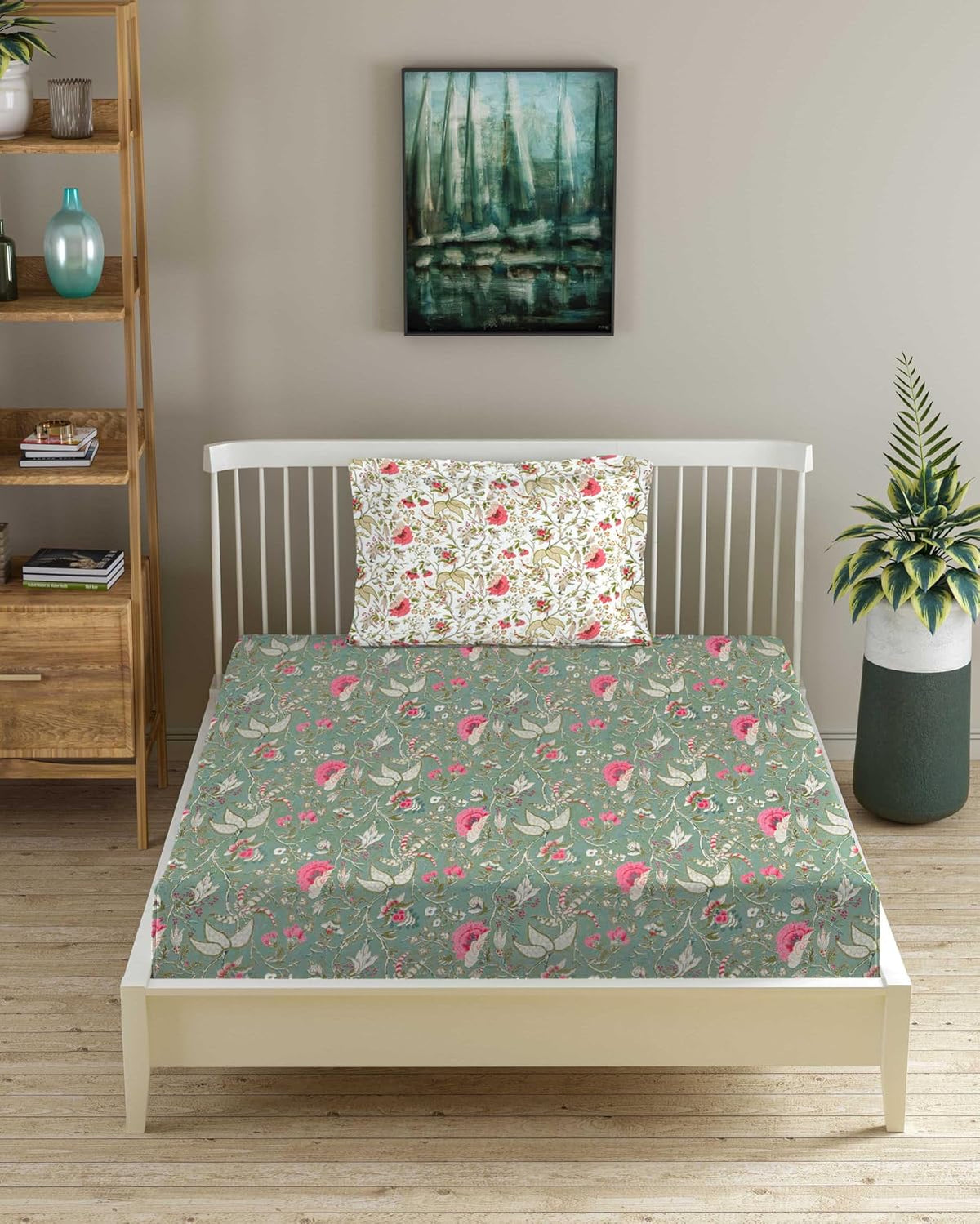 1 Single Bedsheet With 1 Pillow Cover - 36 X 78 Inches, Green & White | Breathable & Skin Friendly Bedsheet | Ideal For Hotel, Guest House, Bedroom