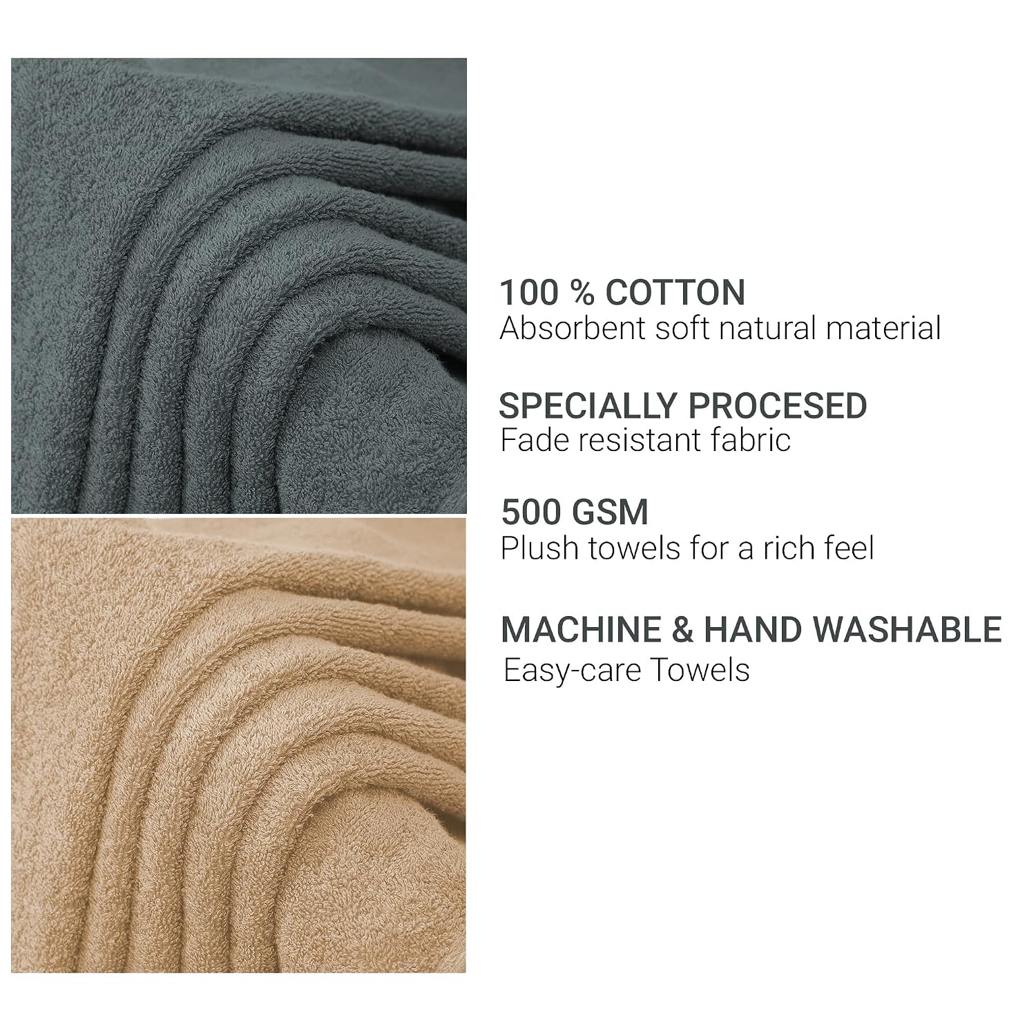 Cloth Fusion 100% Cotton Bath Towels 500 Gsm Large Size Set Of 2, Ultra Soft Bath Towel For Women & Men (Grey & Beige)