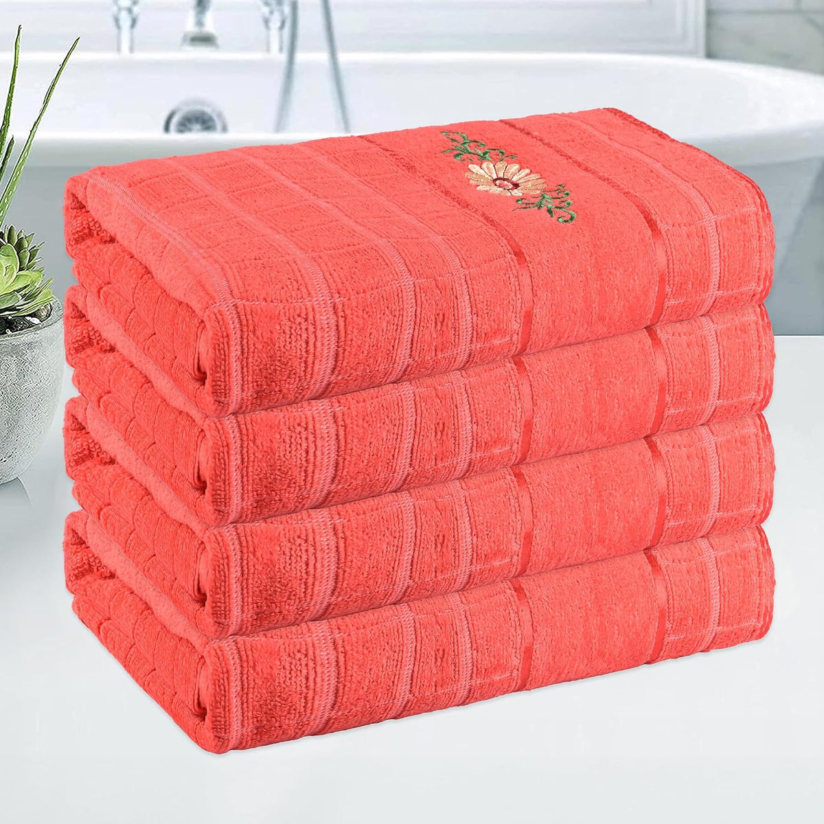 Kuber Industries Rectangle Super Absorbent Bath Towel 2000 Gsm | Soft & Comfortable Swimming & Bathing Towels | Gold Flower (Orange)- Pack Of 4