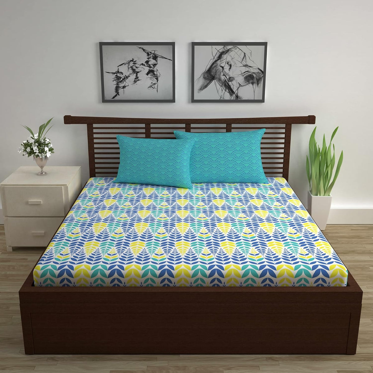 Cotton Double Bedsheet With 2 Pillow Covers | 87 X 100 Inches, Blue & Yellow - Soft & Breathable Fabric | Comfortable For Daily Use