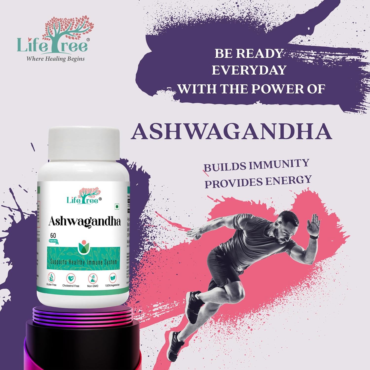 Lifetree Ashwagandha Supplement Extra Strength Natural Formulation, Support Strength & Energy Supports Healthy Immune System Capsules Ayurvedic Medicine | 60 Capsules 100gm 0.2lbs